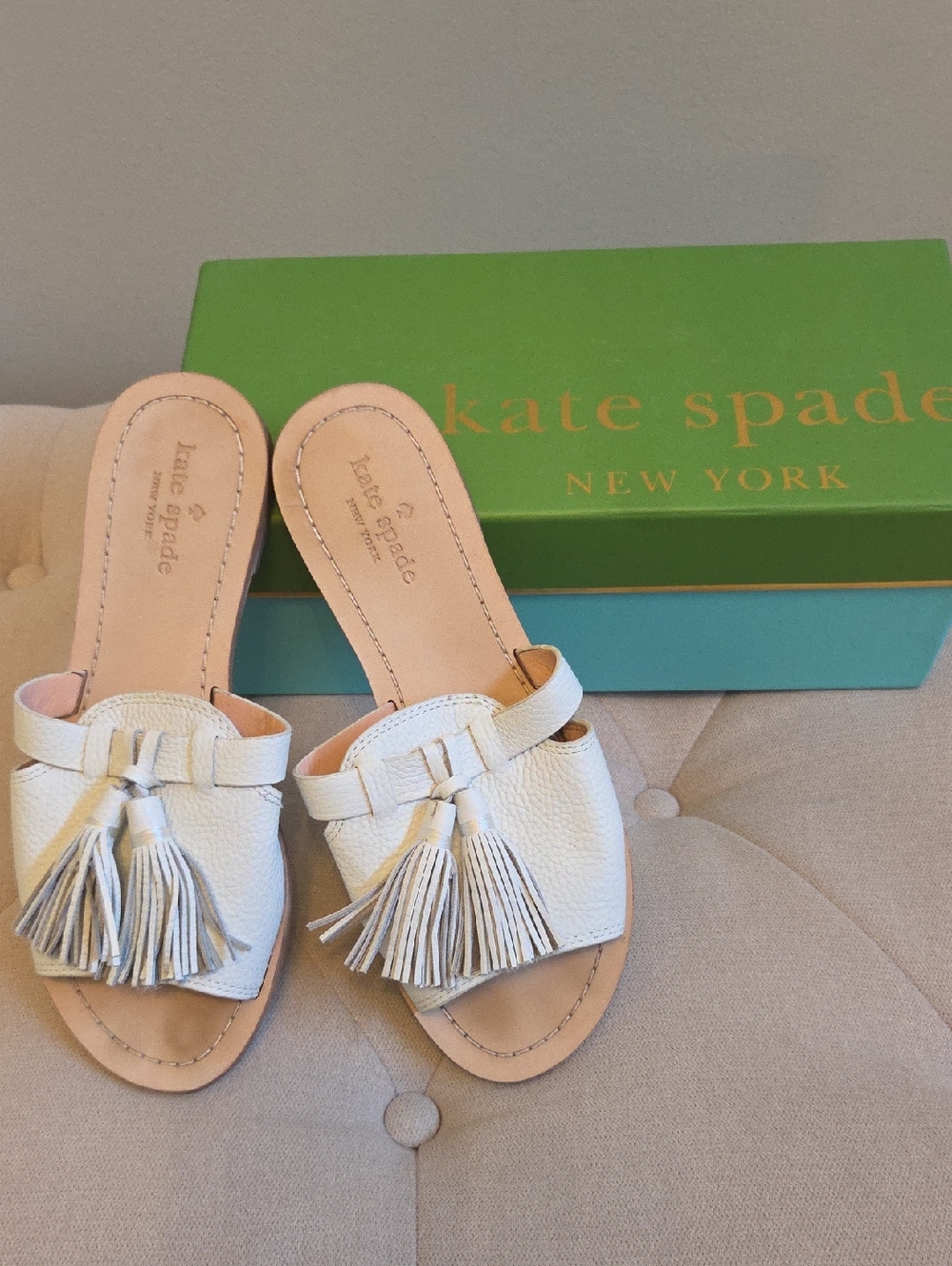 kate spade White Leather Coby Tassel Slide Mules 7.5